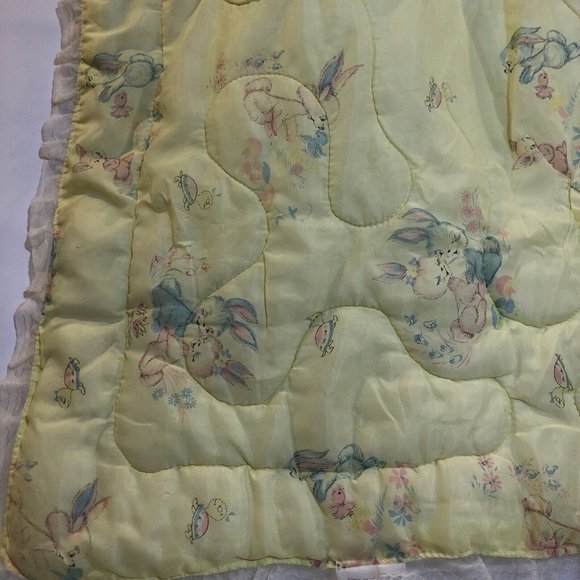 VTG 50s Sears Crib Blanket Comforter Pastel Bunny Rabbit Turtle Ruffle Hem 43x33 - Picture 2 of 9